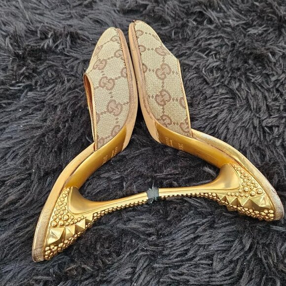 Gucci Women Heel Sandal GG Web Gold Tone Buttom Made Italy Size 34.5 - Picture 6 of 14